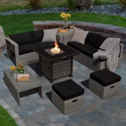 Tangkula 9 Pieces Outdoor Patio Furniture Set W/ 32" Propane Fire Pit Table Sectional Sofa Set W/ Storage Box Black/Gray/Navy/Red/Turquoise/Off White