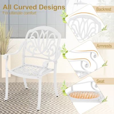 Tangkula Set Of 2 Cast Aluminum Patio Dining Chairs Stackable Outdoor Dining Chairs With Armrests Outdoor Bistro Chairs White 8 Tangkula Set Of 2 Cast Aluminum Patio Dining Chairs Stackable Outdoor Dining Chairs With Armrests Outdoor Bistro Chairs White - Image 6