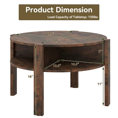 Tangkula Round Coffee Table With 4 Side Compartments 2-Tier Circle Coffee Table 9 Tangkula Round Coffee Table With 4 Side Compartments 2-Tier Circle Coffee Table - Image 7