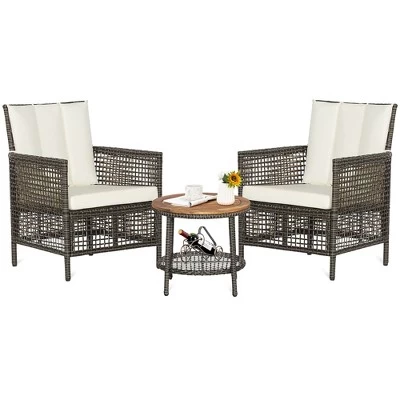 Tangkula 3PCS Patio Wicker Bistro Set Furniture Set PE Rattan Table Set W/ Off White Cushions 10 Tangkula 3PCS Patio Wicker Bistro Set Furniture Set PE Rattan Table Set W/ Off White Cushions - Image 8