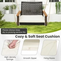 Tangkula Rattan Porch Swing Patio Wicker Single Hanging Seat W/ Seat Cushion & Acacia Wood Armrests -Tangkula GUEST e63a7f85 1fa5 4bf2 bdaf 0a7853d17d3a