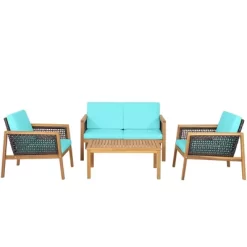 Tangkula 4PCS Patio Acacia Wood Furniture Set PE Rattan Conversation Set W/ Turquoise Cushions -Tangkula GUEST e733f144 e87d 4641 a654 a29724b0cbb7