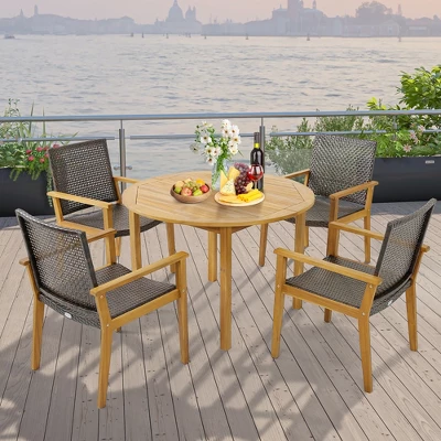 Tangkula Outdoor Rattan Chair Set Of 4 Patio PE Wicker Dining Chairs W/ Sturdy Acacia Wood Frame 5 Tangkula Outdoor Rattan Chair Set Of 4 Patio PE Wicker Dining Chairs W/ Sturdy Acacia Wood Frame - Image 3