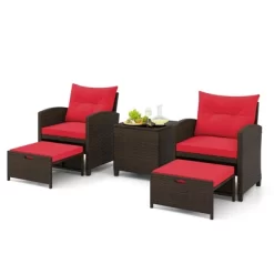 Tangkula Set Of 5 Rattan Furniture W/ 2 Wicker Ottomans & Tempered Glass Coffee Table Patio Red -Tangkula GUEST e8be9e3b bb31 460e bee6 acfceb8524b2