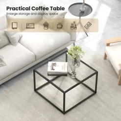 Tangkula Glass Coffee Table 27.5 Inch Modern Square Metal Frame Living Room Transparent -Tangkula GUEST e8f34a3d fb7c 400e be04 79930927804d