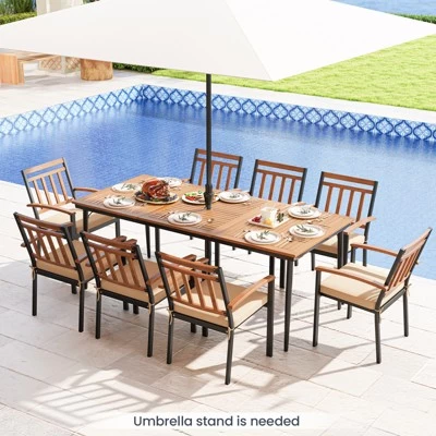 Tangkula 8-Person Outdoor Dining Table 79 Inch Acacia Wood Patio Table With Umbrella Hole Metal Legs & Adjustable Foot Pads 4 Tangkula 8-Person Outdoor Dining Table 79 Inch Acacia Wood Patio Table With Umbrella Hole Metal Legs & Adjustable Foot Pads - Image 2