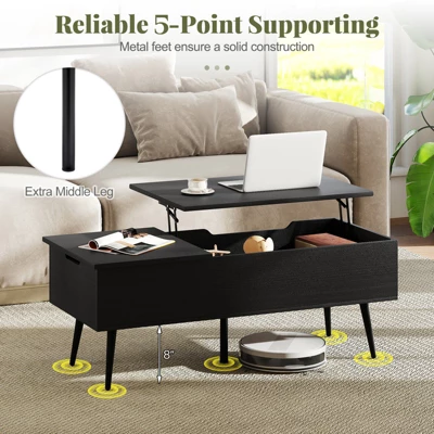 Tangkula Lift Top Coffee Table W/ Split Top & 2 Hidden Compartments Tapered Metal Legs 6 Tangkula Lift Top Coffee Table W/ Split Top & 2 Hidden Compartments Tapered Metal Legs - Image 4