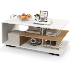 Tangkula Geometric Coffee Table W/ Storage Shelves 3-Tier Rectangular Tea Table -Tangkula GUEST ea8ce8f0 443c 4211 892b 9973dd6bb21b