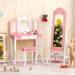 Tangkula Kids Jewelry Armoire Cabinet Freestanding Full Length Dressing Mirror With Large Capacity Pink/White -Tangkula GUEST eba9aa61 1c81 40ae 8375 b428ecfc5b19