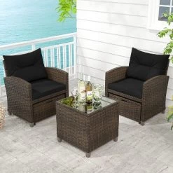 Tangkula 5 CS Rattan Furniture W/ & Tempered Glass & 2 Ottomans Coffee Table Patio