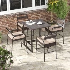 Tangkula 5-Piece Patio Rattan Counter Set Counter Height Square Table W/ 4 Wicker Counter Stools