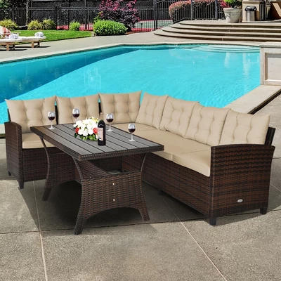 Tangkula 3PCS Rattan Dining Sofa Set W/6 Cushioned Seats Patio Furniture 3 Tangkula 3PCS Rattan Dining Sofa Set W/6 Cushioned Seats Patio Furniture