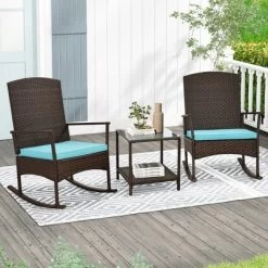Tangkula 3 Pieces Rocking Wicker Bistro Set Outdoor Front Porch Rocker Chairs Conversation Set -Tangkula GUEST ecf65ef8 7d2d 49d8 be9d bbb2997600ea