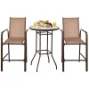 Tangkula 3PCS Patio Bar Set Outdoor Bistro Set W/ 2 Stools & 1 Tempered Glass Table Brown