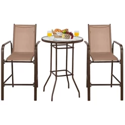 Tangkula 3PCS Patio Bar Set Outdoor Bistro Set W/ 2 Stools & 1 Tempered Glass Table Brown