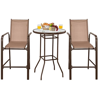 Tangkula 3PCS Patio Bar Set Outdoor Bistro Set W/ 2 Stools & 1 Tempered Glass Table Brown 3 Tangkula 3PCS Patio Bar Set Outdoor Bistro Set W/ 2 Stools & 1 Tempered Glass Table Brown