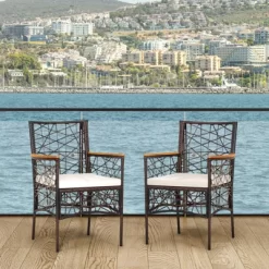 Tangkula Patio PE Rattan Dining Chairs Set Of 2/4 Patio PE Wicker Armchairs With Removable Cushions And Acacia Wood Armrests
