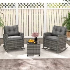 Tangkula Set Of 3 Wicker Rocking Set Patio W/ Tempered Glass Table & Soft Cushions