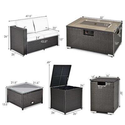 Tangkula 6 Piece Patio Sofa & Fire Table Set Outdoor Rattan Sectional Sofa Set W/ Storage Box Red 4 Tangkula 6 Piece Patio Sofa & Fire Table Set Outdoor Rattan Sectional Sofa Set W/ Storage Box Red - Image 2