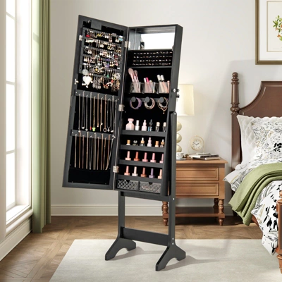 Tangkula Jewelry Armoire Cabinet Standing Lockable Jewelry Organizer With Lighted Full-Length Mirror Black/Rustic Brown/White 4 Tangkula Jewelry Armoire Cabinet Standing Lockable Jewelry Organizer With Lighted Full-Length Mirror Black/Rustic Brown/White - Image 2