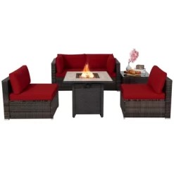 Tangkula 6 PCS Patio Wicker Furniture Set With 30" Gas Fire Pit Table 50,000 BTU Black/Red/Turquoise/Navy/White Cushions 25 Tangkula 6 PCS Patio Wicker Furniture Set With 30" Gas Fire Pit Table 50,000 BTU Black/Red/Turquoise/Navy/White Cushions -Tangkula GUEST eeb49e4d a5a9 4587 9b7b 51d86d6b5245