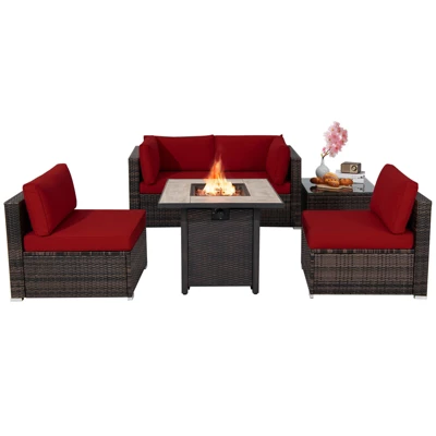 Tangkula 6 PCS Patio Wicker Furniture Set With 30" Gas Fire Pit Table 50,000 BTU Black/Red/Turquoise/Navy/White Cushions 13 Tangkula 6 PCS Patio Wicker Furniture Set With 30" Gas Fire Pit Table 50,000 BTU Black/Red/Turquoise/Navy/White Cushions - Image 11