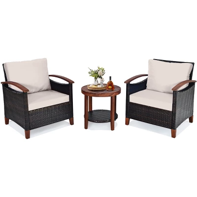 Tangkula 3-Piece Patio Rattan Bistro Set Acacia Wood Frame Sofa And Side Table 13 Tangkula 3-Piece Patio Rattan Bistro Set Acacia Wood Frame Sofa And Side Table - Image 11