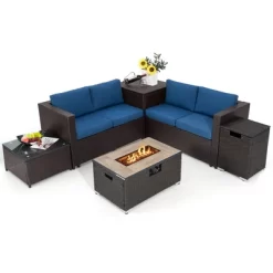 Tangkula 6 Piece Patio Sofa & Fire Table Set Outdoor Rattan Sectional Sofa Set W/ Storage Box Navy -Tangkula GUEST ef6fada2 8cfb 4488 80fa 495ed3f8e122