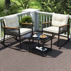 Tangkula 3 PCS Patio Rocking Bistro Set Outside Wicker Rockers W/ 2-Tier Tempered Glass Coffee Table -Tangkula GUEST ef9d0aba 3f60 4ae7 9abc 827a2eecb636