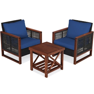Tangkula 3PCS Patio Rattan Bistro Set Acacia Wood Frame Cushioned Sofa And Side Table 7 Tangkula 3PCS Patio Rattan Bistro Set Acacia Wood Frame Cushioned Sofa And Side Table - Image 5