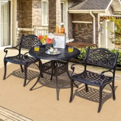 Tangkula 3PCS Cast Aluminum Patio Bistro Set Outdoor Dining Table & Chair Furniture Set