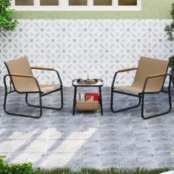 Tangkula 3-Piece Bistro Set Patio Chairs & Side Table W/ Storage Basket Breathable Mesh Fabric