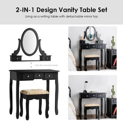 Tangkula Vanity Table Set W/ 360° Rotating Oval Mirror & Drawers Black/White 7 Tangkula Vanity Table Set W/ 360° Rotating Oval Mirror & Drawers Black/White - Image 5
