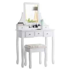 Tangkula Rotatable Mirror Vanity Set Makeup Dressing Table And Stool W/ 5 Drawers
