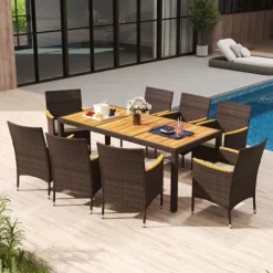 Tangkula 9 Pieces Patio Dining Set For 8 Outdoor Rectangular Acacia Wood Table And PE Rattan Chairs With Umbrella Hole -Tangkula GUEST f115cdf1 9c14 40fd be8a 0de6ee8c47e8