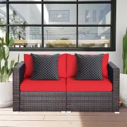 Tangkula 4PCS Rattan Corner Sofa Set Patio Outdoor Furniture Set W/ Red Cushions