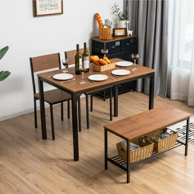 Tangkula 4PCS Dining Table Set Kitchen Table With Bench And Chairs Industrial Gathering Bench Dining Set Brown/Grey 3 Tangkula 4PCS Dining Table Set Kitchen Table With Bench And Chairs Industrial Gathering Bench Dining Set Brown/Grey