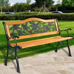 Tangkula Garden Cast Iron Bench Porch Path Loveseat Hardwood Chair For Patio Park -Tangkula GUEST f1669756 dcdb 480b bcc6 2859636e83b1