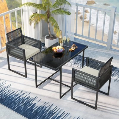 Tangkula 3 Pieces Patio Dining Set Outdoor Space-Saving PE Wicker Bistro Set With Cushions Patio Tempered Glass Top Table And Chairs Set 4 Tangkula 3 Pieces Patio Dining Set Outdoor Space-Saving PE Wicker Bistro Set With Cushions Patio Tempered Glass Top Table And Chairs Set - Image 2