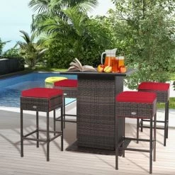 Tangkula Tangkula 5PCS Patio Bar Set Rattan Bar Furniture Set W/ Table & 4 Cushioned Stools Red