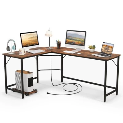 Tangkula L-Shaped Desk With Power Outlet 66” Computer Corner Desk With CPU Stand & Heavy-duty Metal Frame Rustic Brown/Black 11 Tangkula L-Shaped Desk With Power Outlet 66” Computer Corner Desk With CPU Stand & Heavy-duty Metal Frame Rustic Brown/Black - Image 9