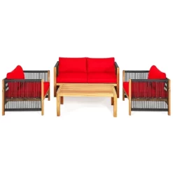 Tangkula Outdoor Patio Wood Conversation Furniture Set Padded Chair With Coffee Table Red/Turquoise -Tangkula GUEST f25417ad ec9d 46b6 9126 8a79efead1ea