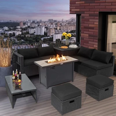 Tangkula 9 PCS Outdoor PE Rattan Wicker Sectional Sofa With 42" 60,000 BTU Gas Fire Pit Table Space-Saving Conversation Set With Storage Box Black 3 Tangkula 9 PCS Outdoor PE Rattan Wicker Sectional Sofa With 42" 60,000 BTU Gas Fire Pit Table Space-Saving Conversation Set With Storage Box Black