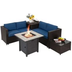 Tangkula 5-Piece Patio Furniture Set With 30 Inches Gas Fire Pit Table Outdoor PE Wicker Sectional Sofa Set With Cushions Red/Beige/Navy/Turquoise 25 Tangkula 5-Piece Patio Furniture Set With 30 Inches Gas Fire Pit Table Outdoor PE Wicker Sectional Sofa Set With Cushions Red/Beige/Navy/Turquoise -Tangkula GUEST f2e38a81 58e2 4245 b9e4 91ffb65e3e9b