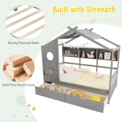 Tangkula Twin Size House Bed Kids Bed Frame W/ 2 Storage Drawers & Fence Guardrails -Tangkula GUEST f31bcf4b c2d4 442e 9f62 004b62c0cb81