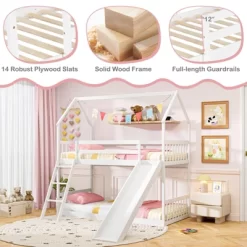 Tangkula Twin Over Twin House Bunk Bed W/ Slide Solid Wood Low Bunk Bed For Kids White 17 Tangkula Twin Over Twin House Bunk Bed W/ Slide Solid Wood Low Bunk Bed For Kids White -Tangkula GUEST f3c57e03 4b10 4ea8 8265 55db7a6ca367