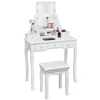 Tangkula LED Vanity Table Makeup Dresser Desk W/Drawers &Cushioned Stool Black/Brown/White 8 Tangkula LED Vanity Table Makeup Dresser Desk W/Drawers &Cushioned Stool Black/Brown/White - Image 6