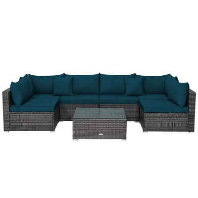 Tangkula Set Of 7 Patio Wicker Furniture Set Outdoor Rattan Sectional Sofa With Seat & Back Cushions 2 Throw Pillows Blue 5 Tangkula Set Of 7 Patio Wicker Furniture Set Outdoor Rattan Sectional Sofa With Seat & Back Cushions 2 Throw Pillows Blue - Image 3
