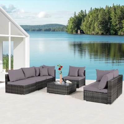 Tangkula 7 PCS Outdoor Patio Furniture Set All-Weather PE Rattan Sofa Set W/Coffee Table & Cushions 3 Tangkula 7 PCS Outdoor Patio Furniture Set All-Weather PE Rattan Sofa Set W/Coffee Table & Cushions - Image 2