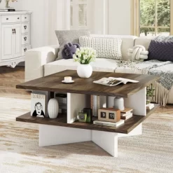 Tangkula 2-Tier Square Coffee Table W/ Storage Farmhouse Modern Accent Table Center Table -Tangkula GUEST f46fb434 a127 4706 b289 8aa1bf033228